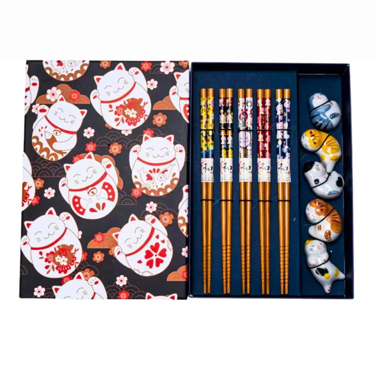 CUTE CATS BAMBOO CHOPSTICKS AND RESTS GIFT SET