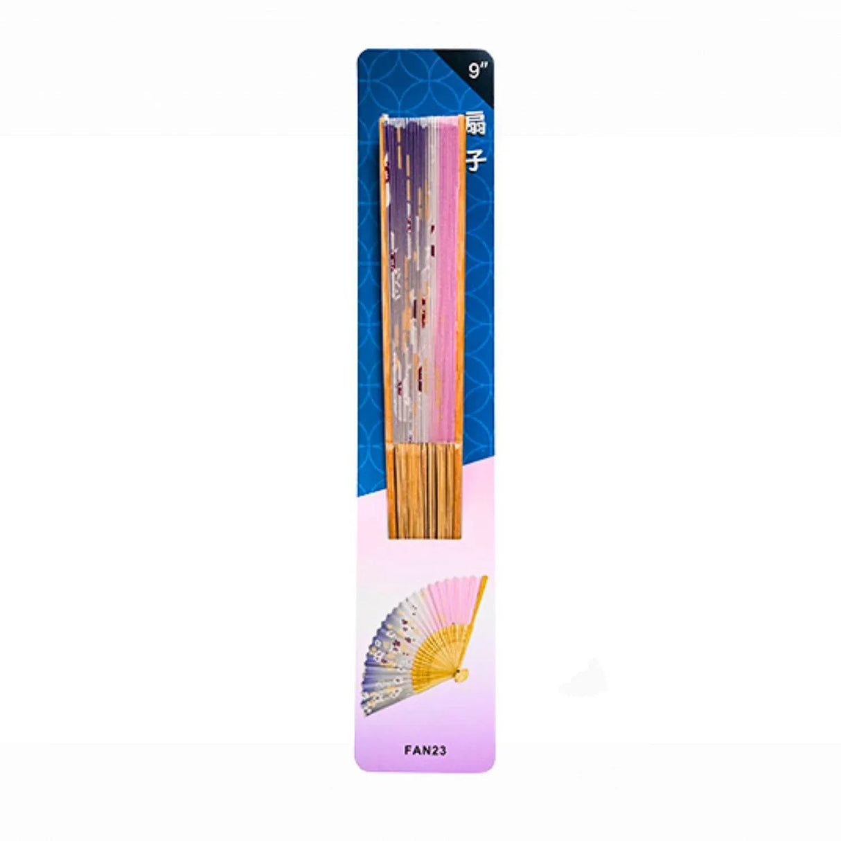 PURPLE FLOWER - 9"L POLY FAN W/BAMBOO HANDLE