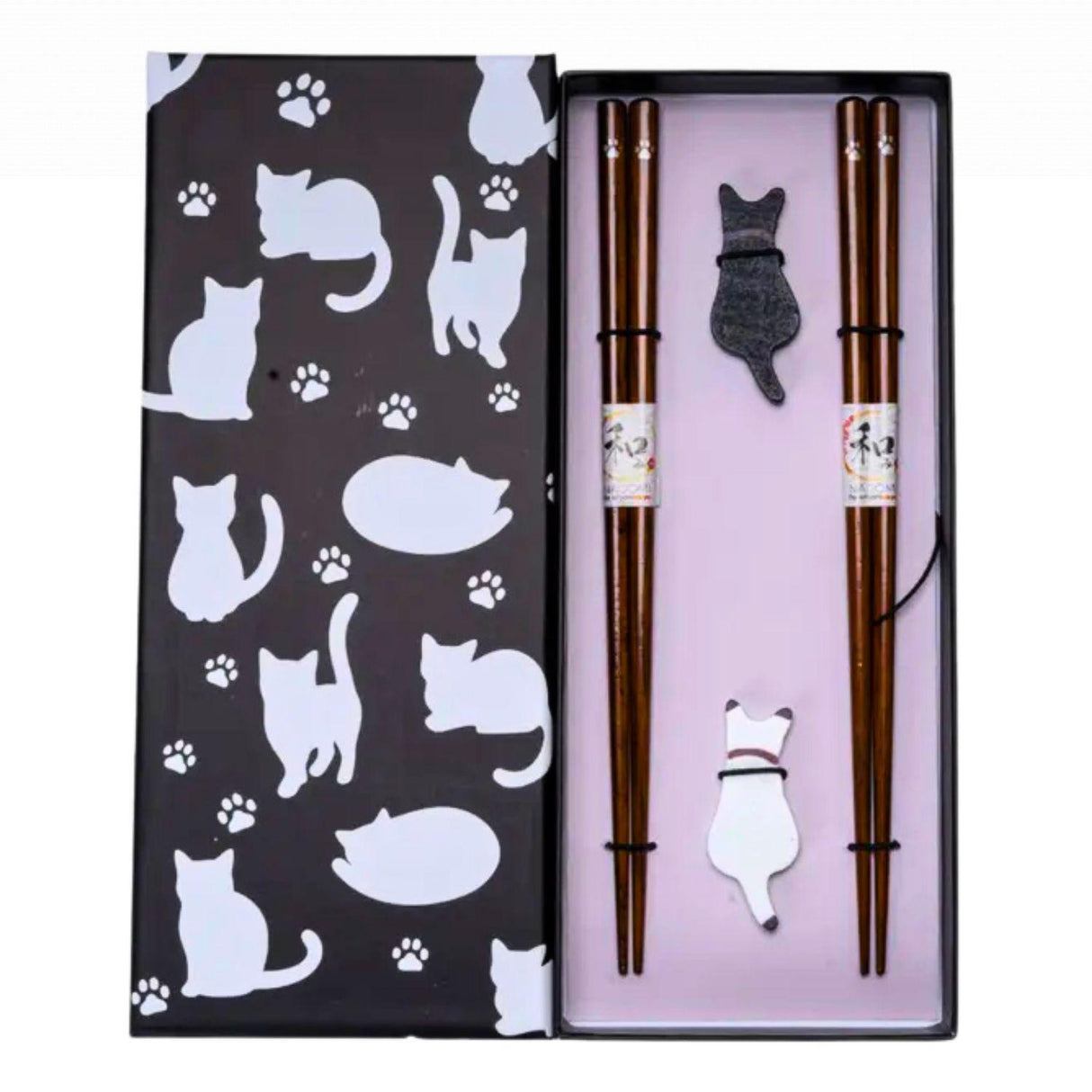 Black White Cat 2 Pair Wooden Chopsticks and Chopsticks Rests Gift Set