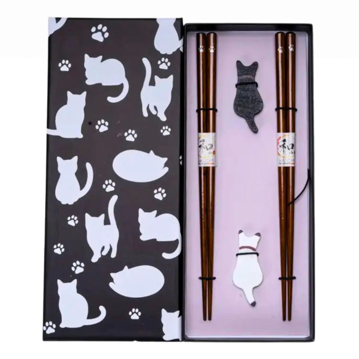Black White Cat 2 Pair Wooden Chopsticks and Chopsticks Rests Gift Set - GOHAN Market