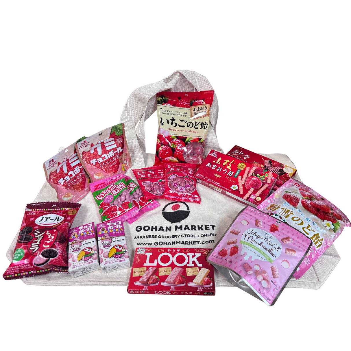 The Strawberry Lover's Japanese Snack Box + GOHAN market original Shopping Tote Large.