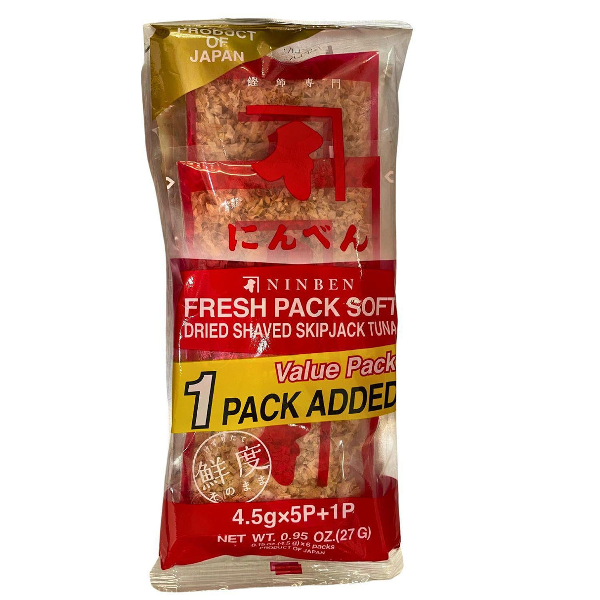 EXPIRING ON 9/1/2025 NINBEN KATSUOBUSHI FRESH PACK SOFT DRIED SHAVED SKIPJACK TUNA 4.5G X 5P PLUS 1P 0.95OZ/27G