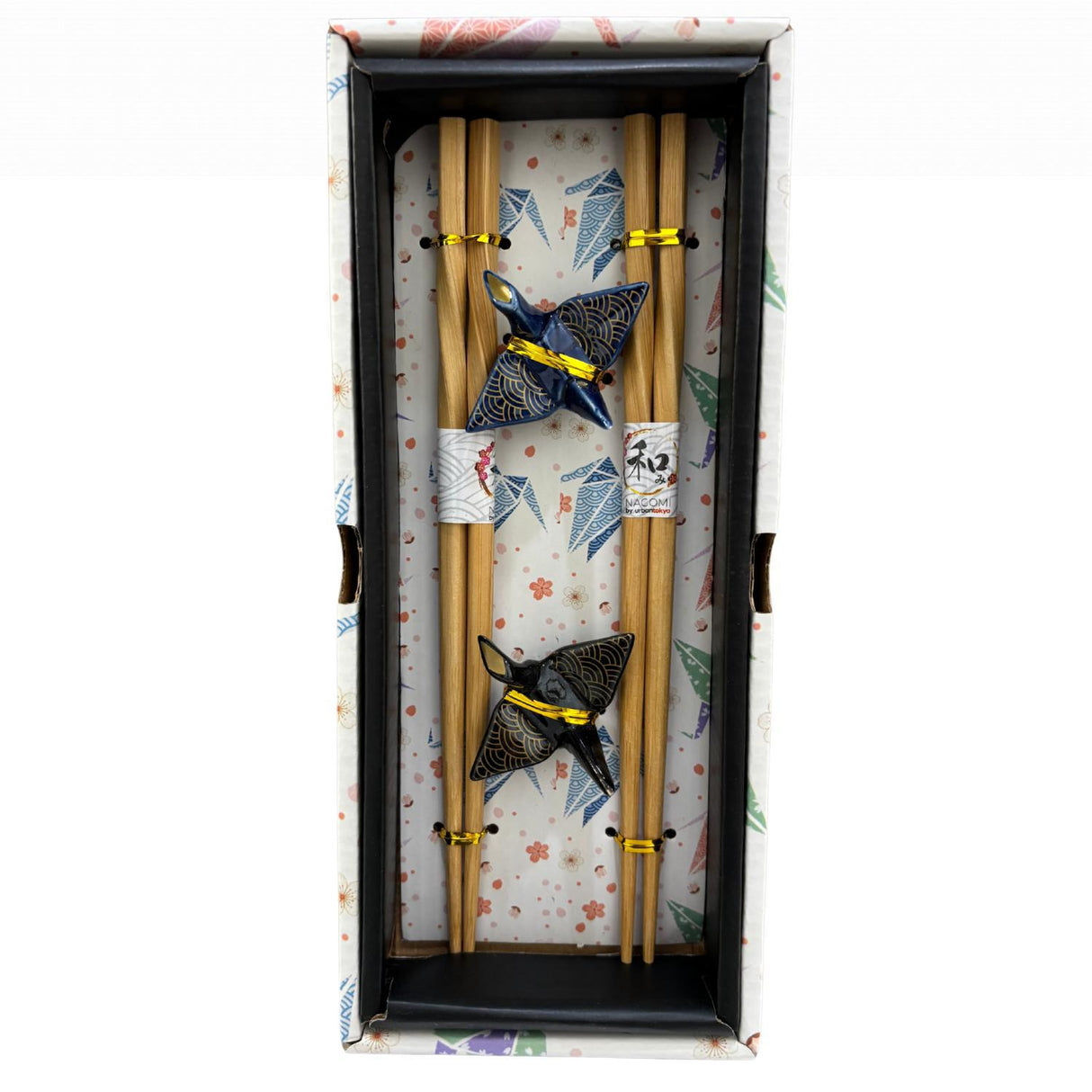 Seigaiha Origami Crane 2 Pair Chopsticks and Chopsticks Rests Gift Set