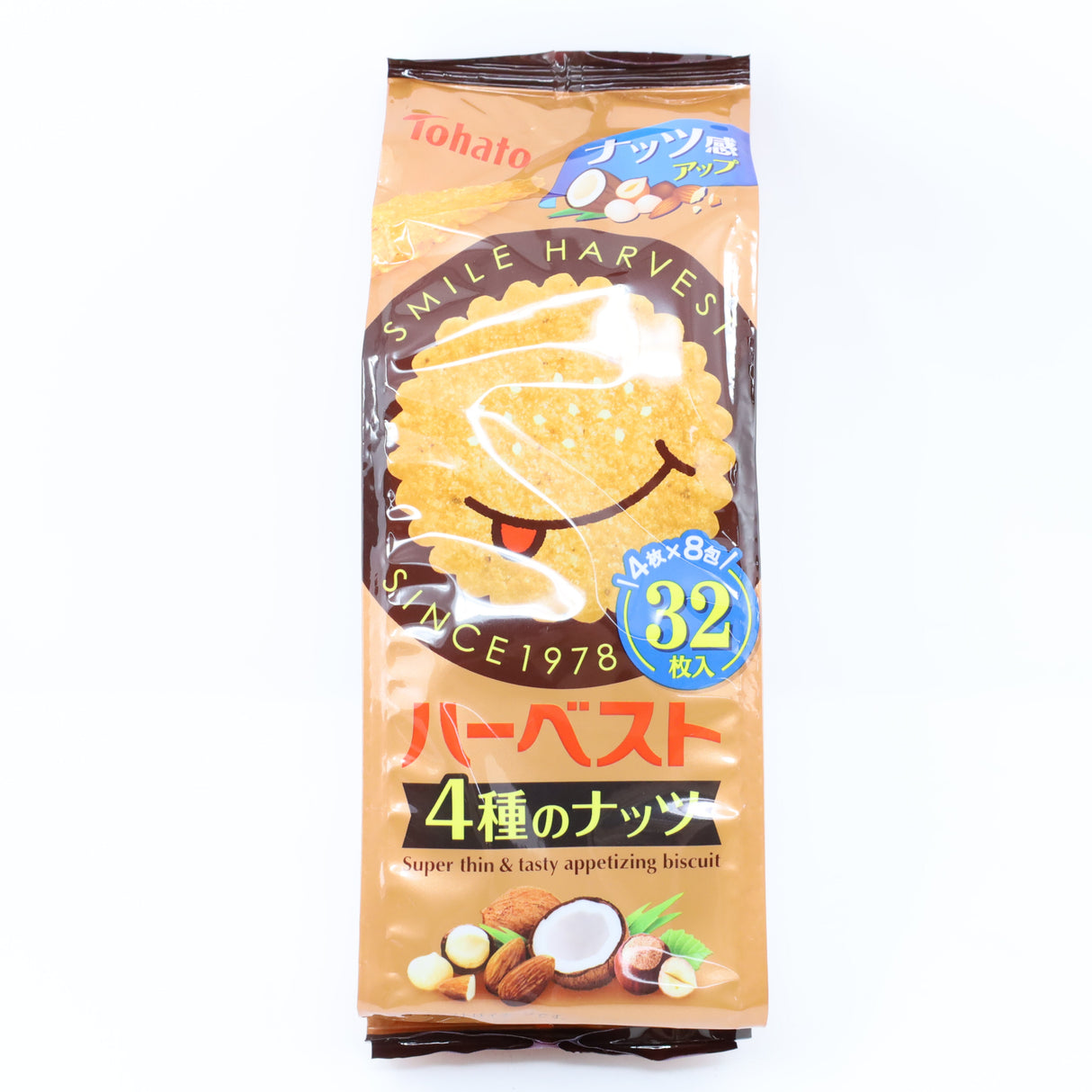 TOHATO HARVEST SUPER THIN AND TASTY APPETIZING BISCUIT 4 NUTS 32P 3.52OZ/100G