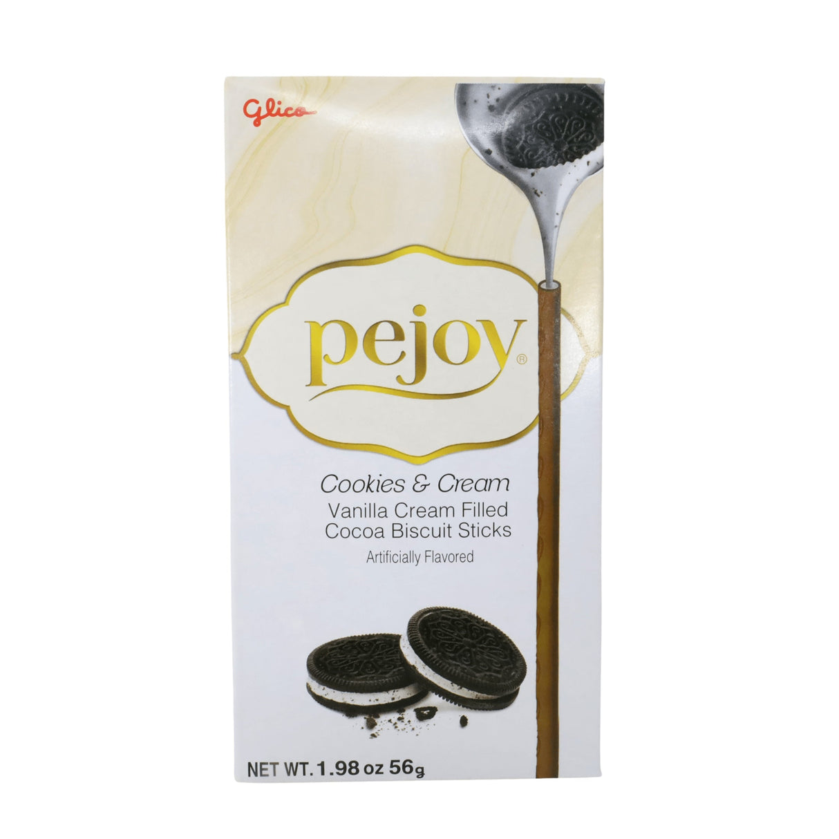 GLICO PEJOY COOKIES AND CREAM VANILLA CREAM FILLED COCOA BISCUIT STICKS 1.98OZ/56G