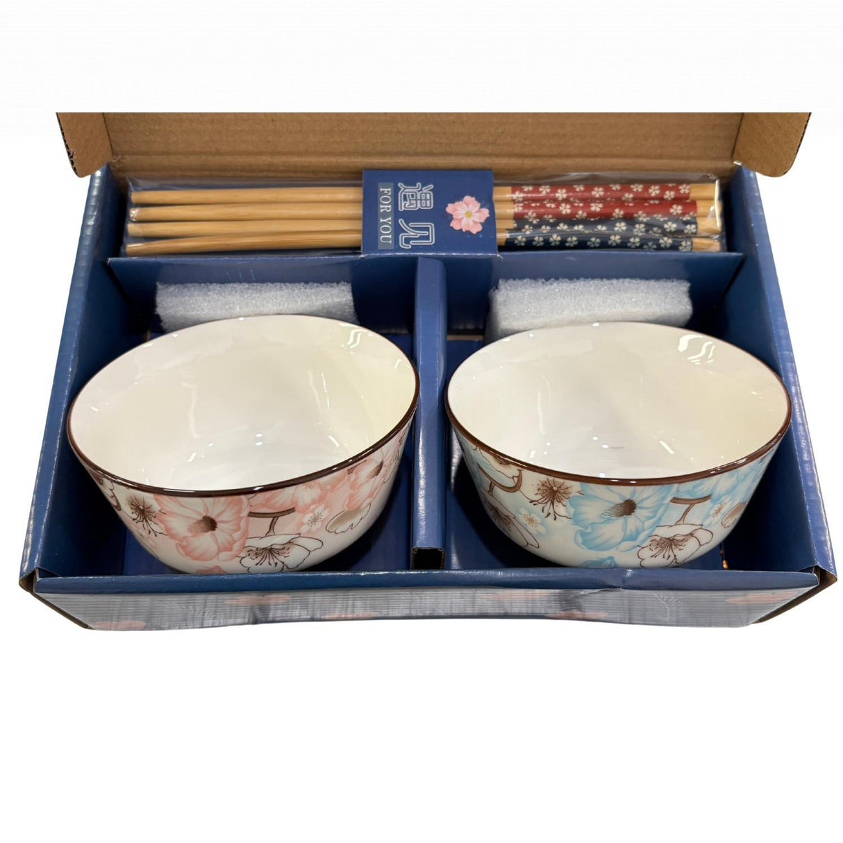 Hana Flower Double Rice Set of 10oz 4.5"D Bowl with Chopsticks Gift Set