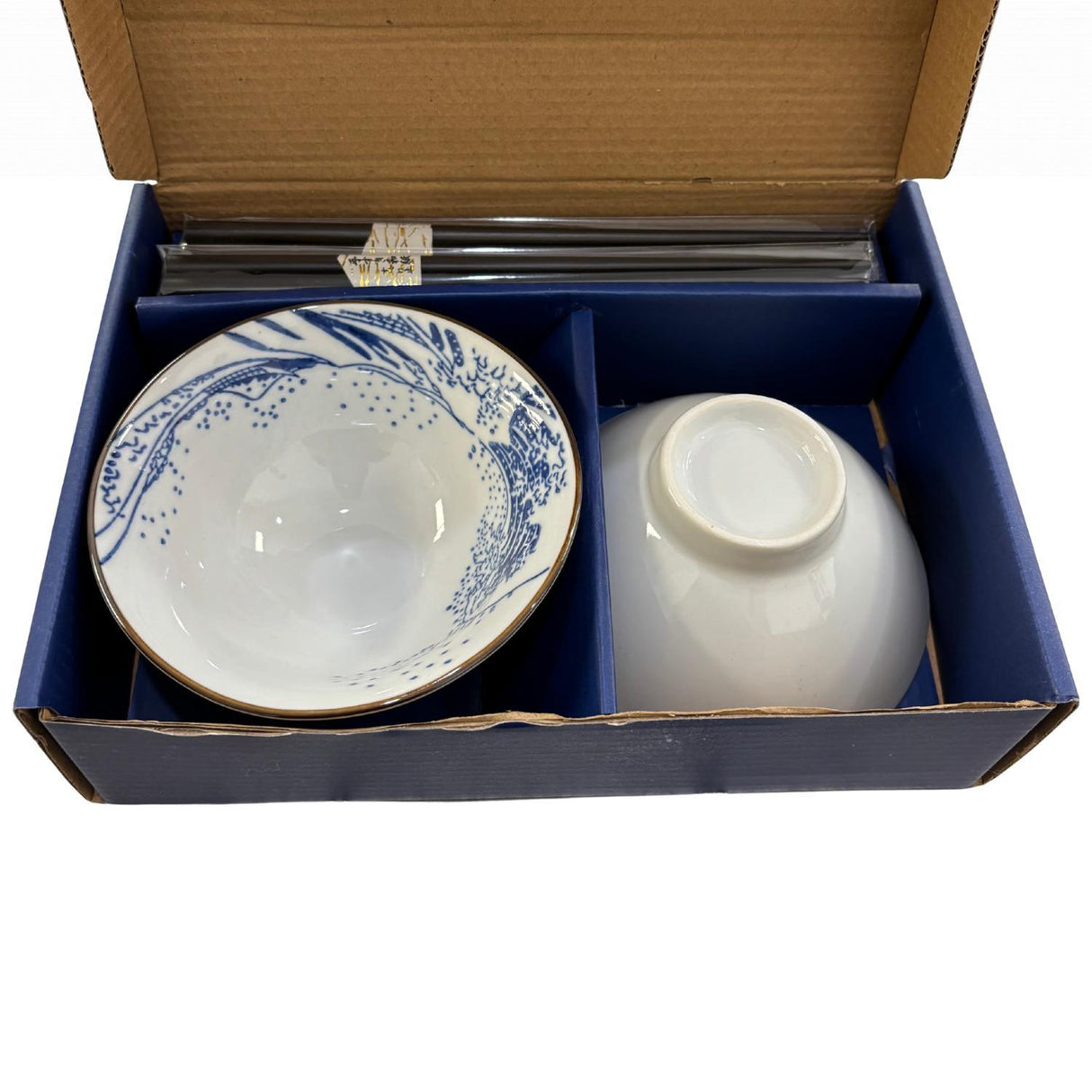 Great Wave Double Rice Set of 10oz 4.5"D Bowl with Chopsticks Gift Set