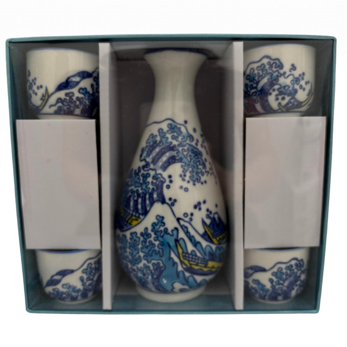 Great Wave Porcelain Glazed 10 oz Sake Bottle and 4 Cups Gift Set