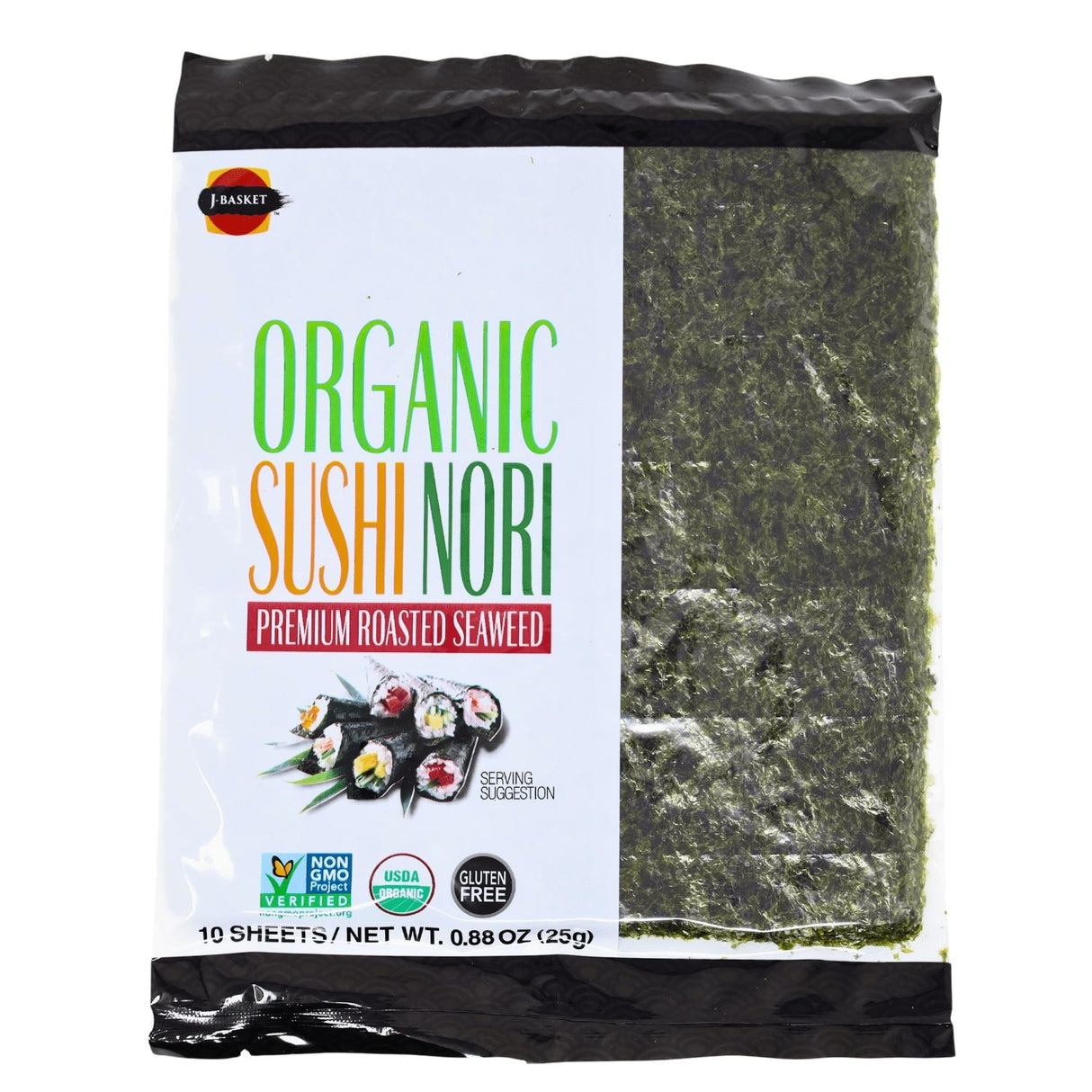 J-BASKET ORGANIC SUSHI NORI PREMIUM ROASTED SEAWEED 10 SHEETS 0.88OZ/25G