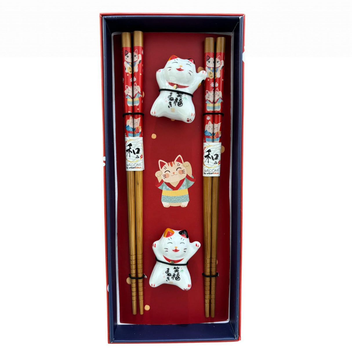 Lucky Cat Neko 2 Pair Chopsticks and Rests Git Set